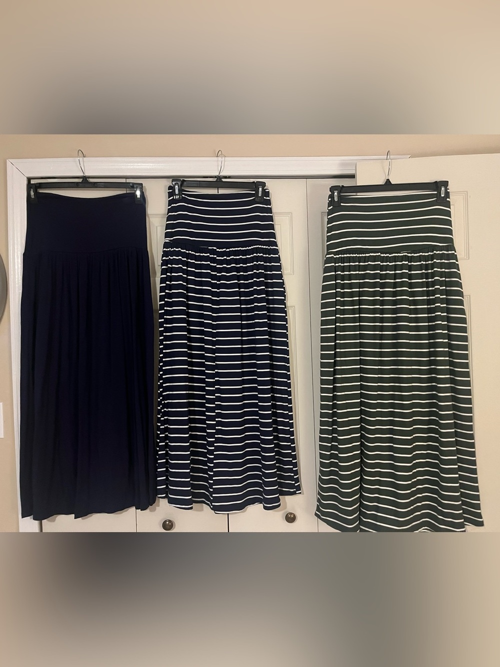 Women's Navy, Navy & White, and Green Striped Maxi Skirts